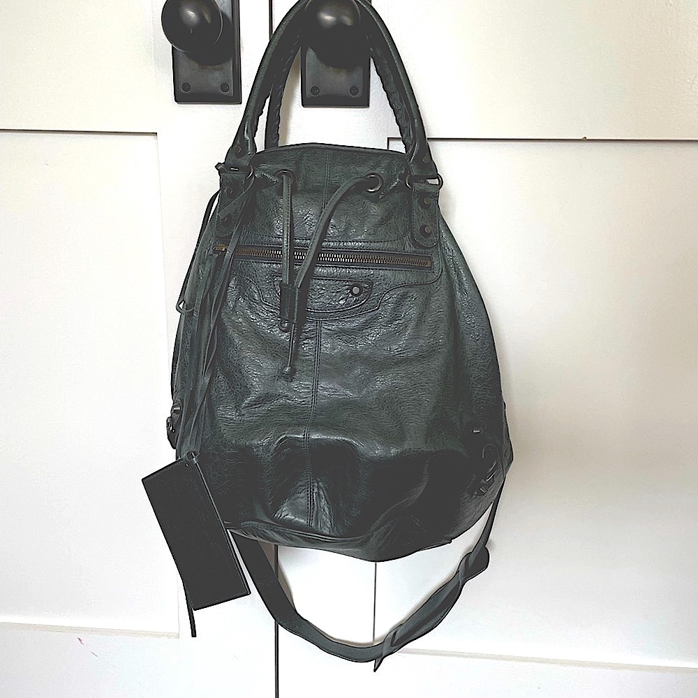 Balenciaga PomPom Bucket handbag, Dark Gray/Anthracite Distressed Leather